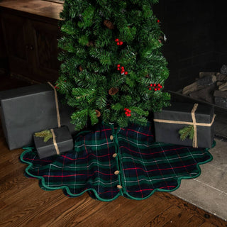 50" Green Christmas Classic Tartan Tree Skirt with Buttons & Scalloped Edge