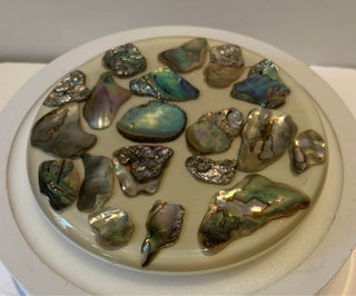 Vintage 1960's New Designs Inc. Abalone Shell Trivet Lucite w Orig foil label