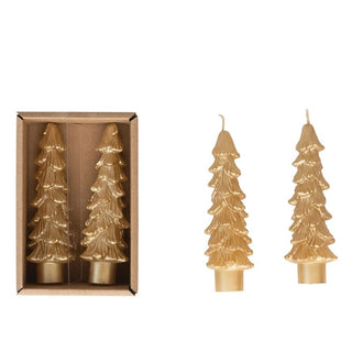 Boxed Set of 2 x 5" Gold Tree Shaped Tapered Candles | Unscented | Paraffin Wax