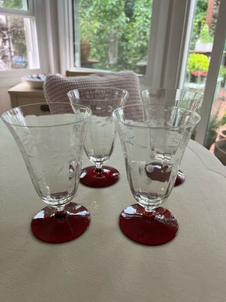 Etched Water Glasses with Red Base (Set of 4)