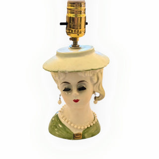 Green Vintage Head of Lady Table Lamp with White Shade