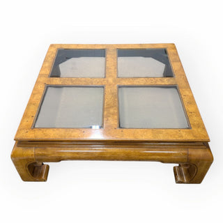 Burled Coffee Table with 4 glass panel Inlay top