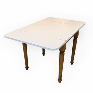 White Laminate Drop Leaf Table with Solid Wood Base