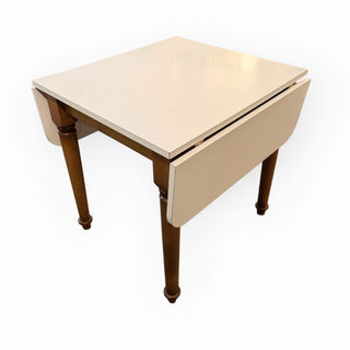 White Laminate Drop Leaf Table with Solid Wood Base