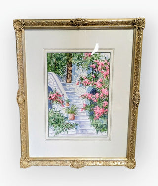 Watercolor Print of White Staircase in Gold Frame