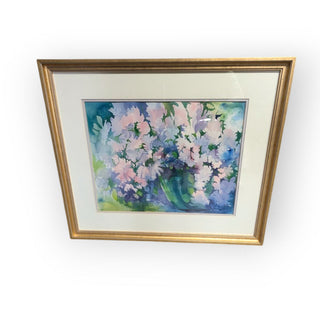 Purple Flowers in Pot, Original Watercolor , Gold Frame