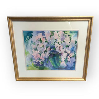 Purple Flowers in Pot, Original Watercolor , Gold Frame