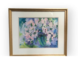 Purple Flowers in Pot, Original Watercolor , Gold Frame