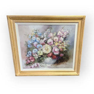 Harry Spittler Oil Painting of Flowers in Gold Frame, Signed