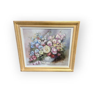 Harry Spittler Oil Painting of Flowers in Gold Frame, Signed