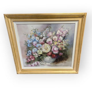 Harry Spittler Oil Painting of Flowers in Gold Frame, Signed