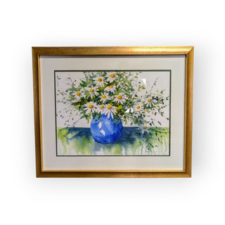 Daisies in Blue Vase Original Art in Gold Frame