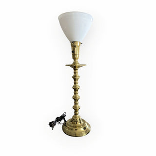 Brass  Candlestick Table Lamp with White Milk Glass Shade