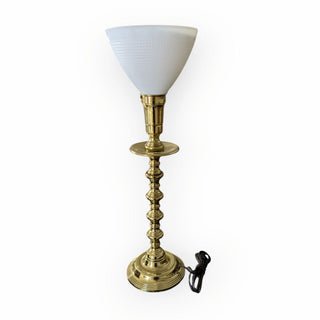 Brass  Candlestick Table Lamp with White Milk Glass Shade