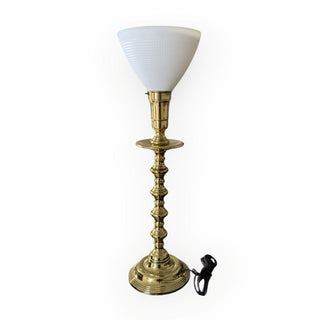 Brass  Candlestick Table Lamp with White Milk Glass Shade