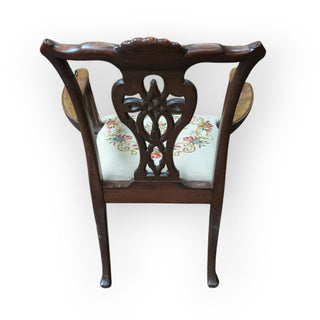 Beautiful Vintage Tassle Back Chippendale Wood Arm Chair with Needlepoint Upholstered Seat