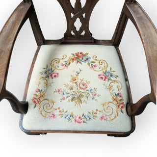 Beautiful Vintage Tassle Back Chippendale Wood Arm Chair with Needlepoint Upholstered Seat