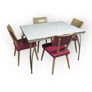 (5 piece set) Vintage MCM 1950s Formica Table with 4 Chairs, Chair: 17Wx20Dx32.25H  Table: 48wx36Dx29.5H  Leaves: 11.5Wx36Dx5H (each)