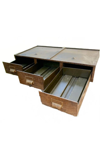 1940s Large Metal Drawer Catalog Cabinet - Faux Wood design with wood table top