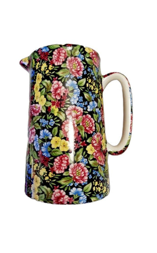 Floral Meadow Water Pitcher, Black Chintz by Crown B Burslem Staffordshire England, vintage pottery