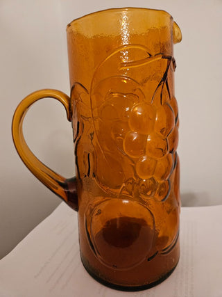 Vintage Amber Glass Italian Pitcher with Embossed Fruit Motif