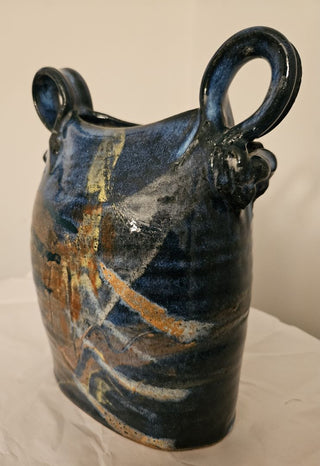 Blue Glazed Vase with Handles Signed by Flynn Sochon
