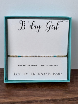 Morse code bracelet spelling “BDay Girl” – JSQ Mercantile – a women’s boutique and gift shop in La Grange, IL.