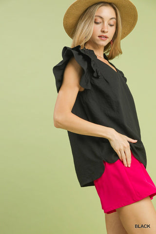 Black Textured Ruffle Sleeve V-Neck Blouse - Plus Size Available