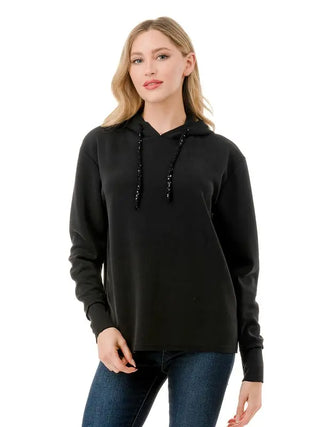 Black Long Sleeve Hoodie with Sequin Detail on String - Small