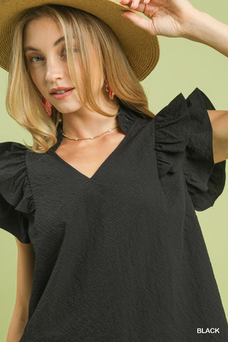 Black Textured Ruffle Sleeve V-Neck Blouse - Medium