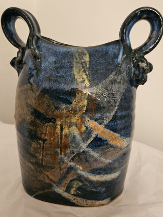 Blue Glazed Vase with Handles Signed by Flynn Sochon