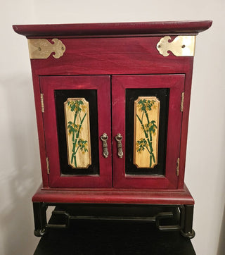 Chinese Red Wooden Cabinet with Painted Panels &Brass Hinges