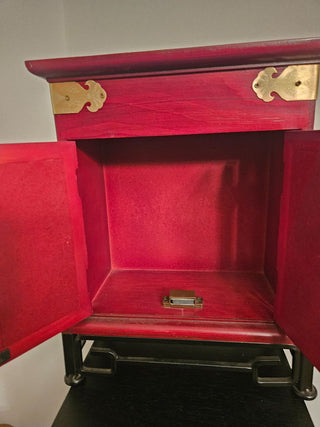 Chinese Red Wooden Cabinet with Painted Panels &Brass Hinges