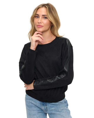 Ariella Crewneck Scuba Sweater with Faux Leather Detail on Sleeve