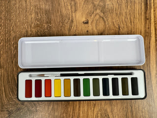 Watercolor Paint Set w/ 1 Paint Brush - 12 Watercolors in Travel Tin