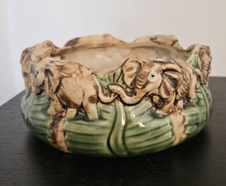 Vintage Fisherman's Fortune Hand Glazed Pottery Elephants Planter