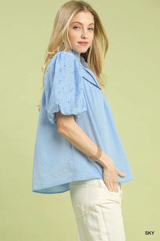 Eyelet Puff Sleeve Contrast Trim Top | Small