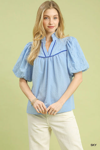 Eyelet Puff Sleeve Contrast Trim Top | Small