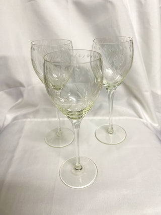 Set of 3 Etched Flower Wine Glasses