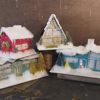 4 Putz Houses - Gingerbread A-Frame,  Little Red Christmas Cottage, Palm Springs rick rack roof, Santas Midcentury Christmas Ranch