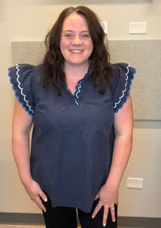 Navy Cotton Scallop Trim Ruffle Sleeve Top – Available in Plus Size!