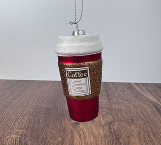 Glass "Coffee" To Go Cup Ornament w/ Glitter