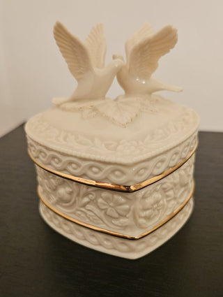 Lenox Heart-Shaped Porcelain Box with Doves & 24 Karat Gold Trim