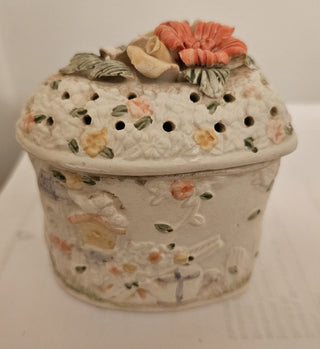 Vintage Porcelain Heart-Shaped Box with Ceramic Flowers