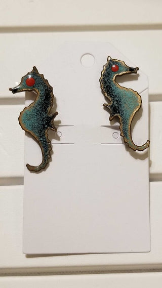 Seahorse Earrings Enamel on Copper Screwback