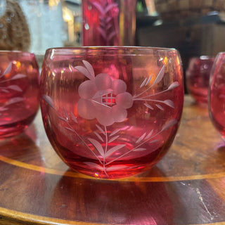 MCM Etched Cranberry Martini Pitcher & 6 Roly Poly glasses - Pitcher: 5.5"W x 12.5"T Glasses: 3"W x 2.5"T