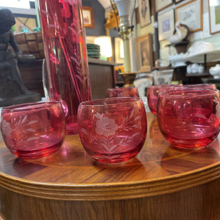 MCM Etched Cranberry Martini Pitcher & 6 Roly Poly glasses - Pitcher: 5.5"W x 12.5"T Glasses: 3"W x 2.5"T