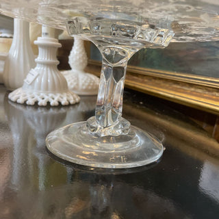 Vtg floral Etched Glass Cake Stand - 11"W x 5.5"T