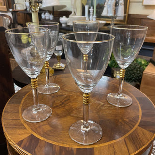 Set of 5 Wine Glasses, Gold Rims, Gold Ribbed Bands, Clear Stems - 3.25" x 8"T