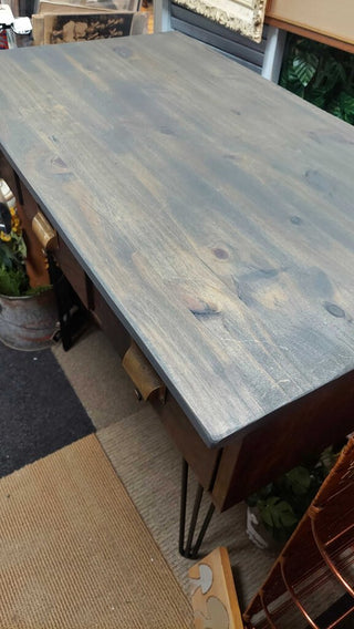 Custom 1940s Metal Drawer Cabinet Table Console Desk, with pin legs, Brass Pulls, wood top